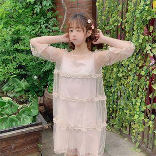 Set: Lace Trim 3/4-sleeve Dress + Slipdress As Shown In Figure - One Size