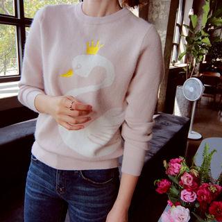 Round-neck Swan-print Knit Top