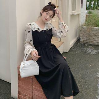 Long-sleeve Floral Print Panel Chiffon Midi A-line Dress