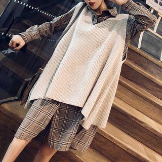 Plaid Shirt Dress / V-neck Knit Vest