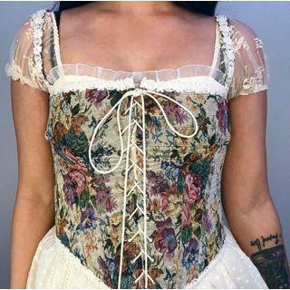 Short-sleeve Lace Panel Floral Top