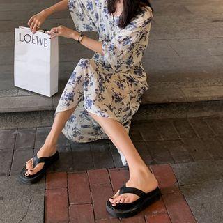 Elbow-sleeve Floral Print A-line Midi Dress Blue Floral - White - One Size