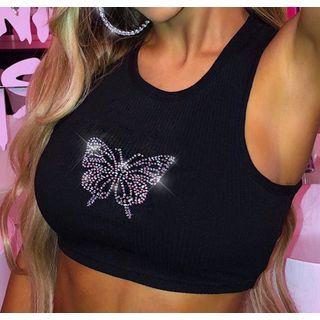 Rhinestone Butterfly Crop Tank Top