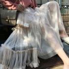 Lace Trim Midi A-line Mesh Skirt