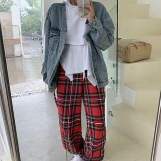 Denim Button-up Jacket / Slit T-shirt / Plaid Harem Pants