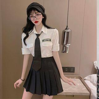 Short-sleeve Shirt With Necktie / Pleated Mini A-line Skirt / Set