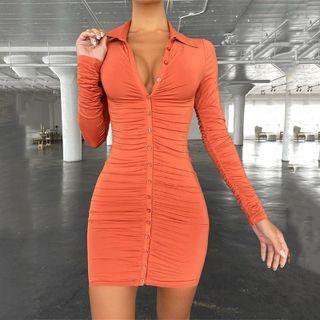 Long Sleeve V-neck Ruched Mini Bodycon Dress
