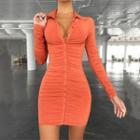 Long Sleeve V-neck Ruched Mini Bodycon Dress