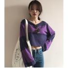 Long-sleeve Color Block Cropped Knit Top