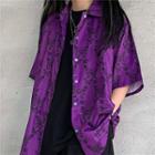 Butterfly Print Elbow-sleeve Shirt Butterfly - Purple - One Size