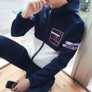Set: Printed Color Panel Hooded Zip Jacket + Plain Jogger Pants