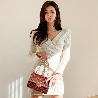 Long-sleeve V-neck Knit Mini Dress White - One Size