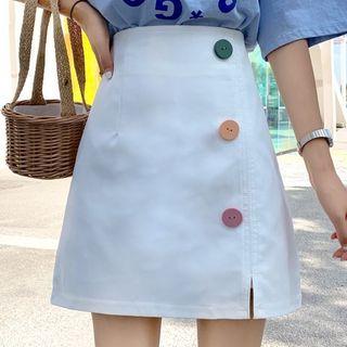 High-waist Buttoned Slit-side Mini Pencil Skirt