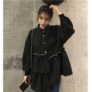 Flower Trim Shirt External Wide Long-sleeve Top Black - Xxxs