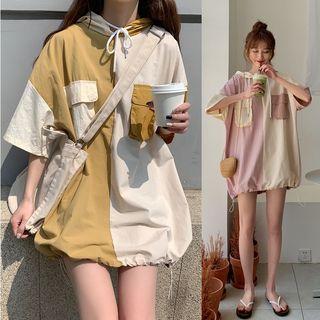 Short-sleeve Color Block Mini Hoodie Dress