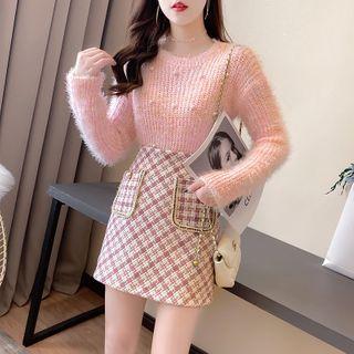 Set: Beaded Knit Top + Check Skirt