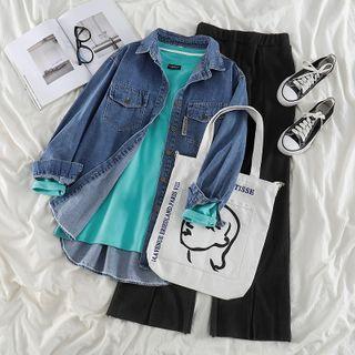 Denim Shirt Jacket / Long-sleeve Plain T-shirt / Bell-bottom Pants