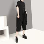 Set : Short-sleeve Shirt + High-waist Capri Pants Black - One Size