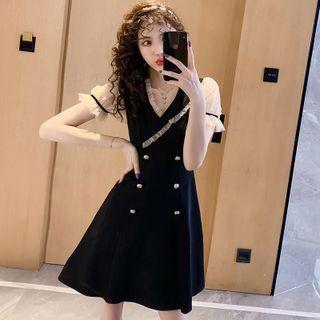 Puff-sleeve Mesh Ruffle Double-breasted A-line Dress