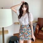 Short-sleeve Lace Top / Floral Print Mini Straight-fit Skirt