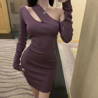 Long-sleeve Off-shoulder Cutout Knit Sheath Dress Dress - Purple - One Size