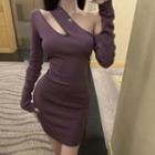 Long-sleeve Off-shoulder Cutout Knit Sheath Dress Dress - Purple - One Size