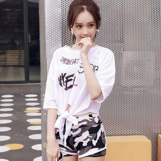 Set: Camo Cropped Swim Top + Bottom + Lettering Elbow-sleeve Top