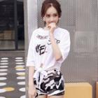 Set: Camo Cropped Swim Top + Bottom + Lettering Elbow-sleeve Top
