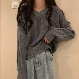 V-neck Linen Flower Long-sleeve Knit Top