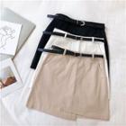 Plain Asymmetric High-waist A-line Skirt With Belt