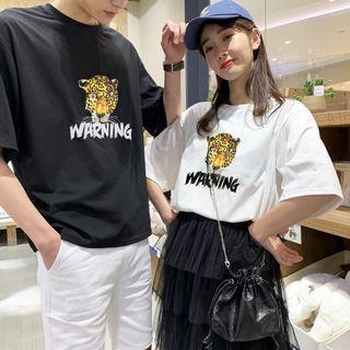 Couple Matching Leopard Letter T-shirt / Mesh Overlay Maxi Tiered Skirt