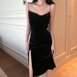 Spaghetti-strap A-line Midi Slit Dress