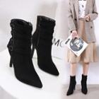 Buckled Faux Suede High-heel Pointed Short Boots