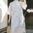 Elbow-sleeve Floral Print Lace Trim Midi Shift Qipao Dress