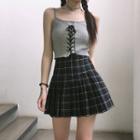 Knit Cropped Camisole Top / Plaid Pleated Mini A-line Skirt