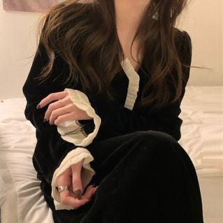 Long-sleeve Frill Trim Velvet Midi A-line Dress Black - One Size