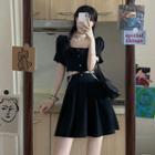 Puff-sleeve Square-neck Cutout A-line Dress