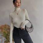 Cutout Turtleneck Sweater With Pearl