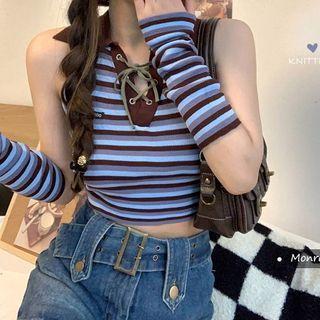 Set: Sleeveless Striped Top + Arm Sleeve