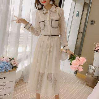 Set: Long-sleeve Midi Shirt Dress + Slipdress