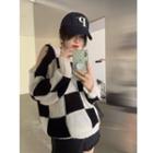 Long-sleeve Check Knit Top Black & White - One Size