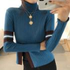 Striped Turtleneck Long-sleeve Slim-fit Knit Top