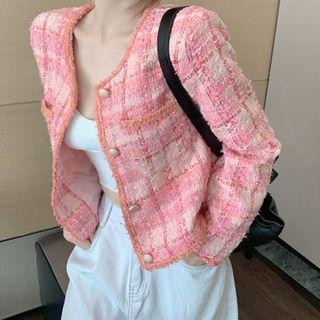 Long-sleeve Tweed Plaid Jacket