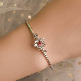 Rhinestone Flower Open Bangle 01 - 11110 - White Gold - One Size