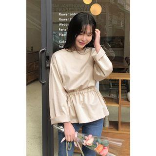 Drawcord-waist Peplum Blouse Beige - One Size