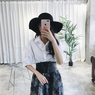 Set: Elbow-sleeve Shirt Dress + Sheer Lace Midi Skirt