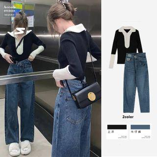 Collar Two-tone Sweater / Loose Fit Jeans