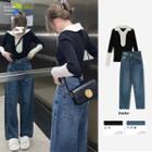 Collar Two-tone Sweater / Loose Fit Jeans