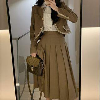 Long-sleeve Contrast Trim Cropped Jacket / Long-sleeve Tie-neck Blouse / Plain Pleated Midi Skirt