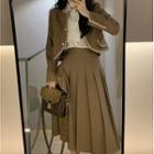 Long-sleeve Contrast Trim Cropped Jacket / Long-sleeve Tie-neck Blouse / Plain Pleated Midi Skirt